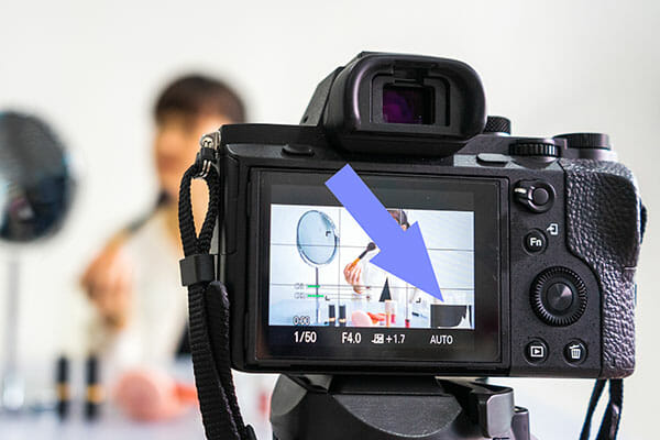 A histogram on the back of a digital camera with a purple arrow pointing at it