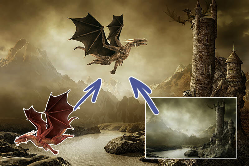 Dragon flying towards a castle fantasy scene