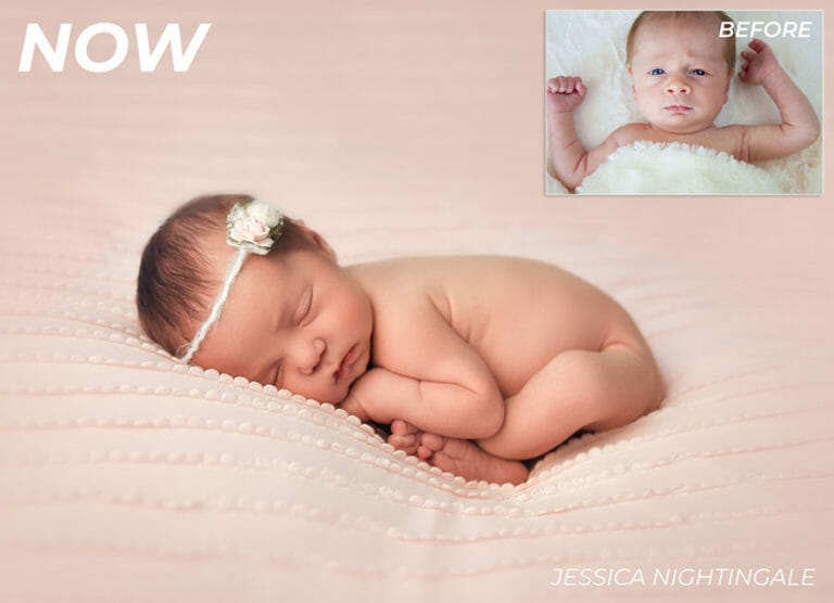 newborn baby asleep on a pink blanket