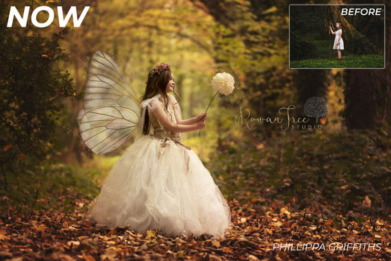 child fairy holding a flower in a forest by Phillippa Griffiths