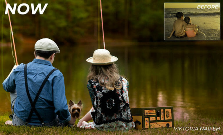 a couple both wearing hats fishing on a river bank