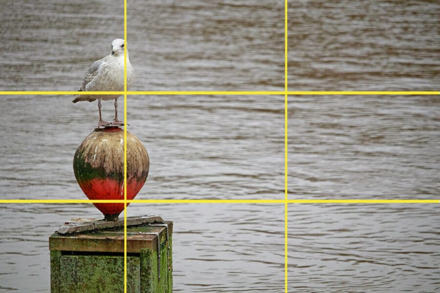 Landscape at sunset with a rule of thirds photography grid over the top