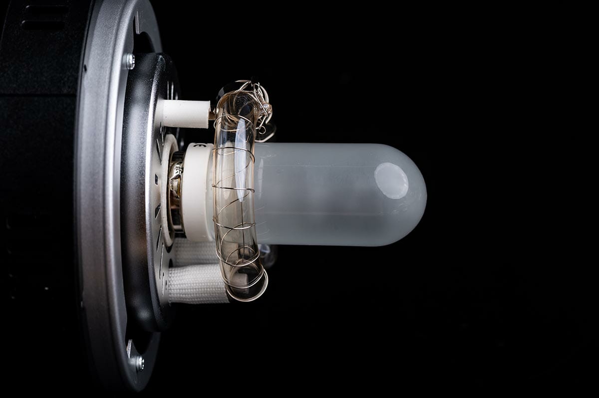 Studio flash light bulb closeup, spotlight bulb studio lamp for a photoelectric technology, flashlight equipment detail