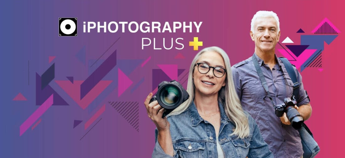 a photo of a male and female photographer in front of the iPhotography PLUS membership logo