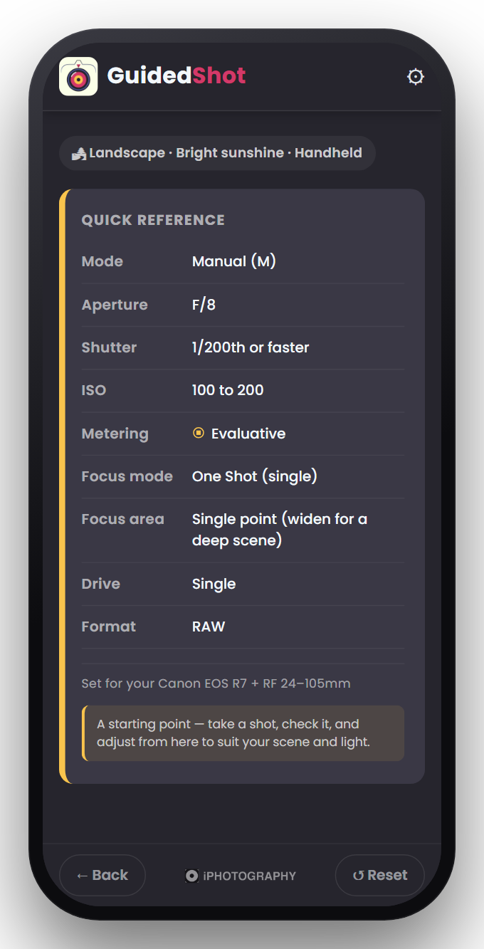 The GuidedShot app on a phone, showing recommended camera settings for the chosen subject.
