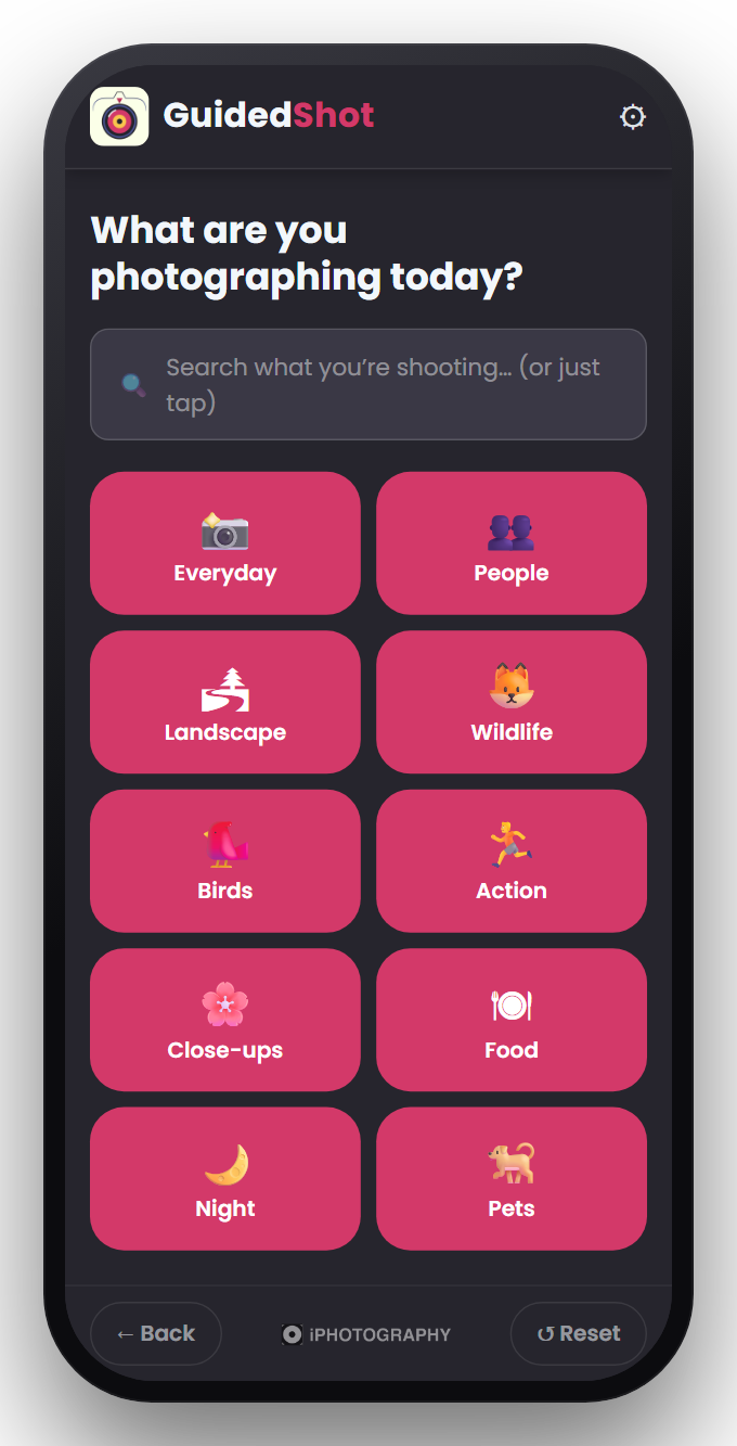 The GuidedShot app on a phone, asking what you are photographing.