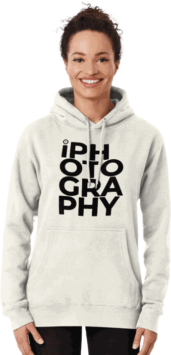A cream iPhotography pullover hoodie with the wordmark printed in black across the chest.
