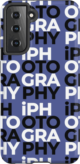 A phone case printed with the iPhotography wordmark scattered in blue, black and white blocks.